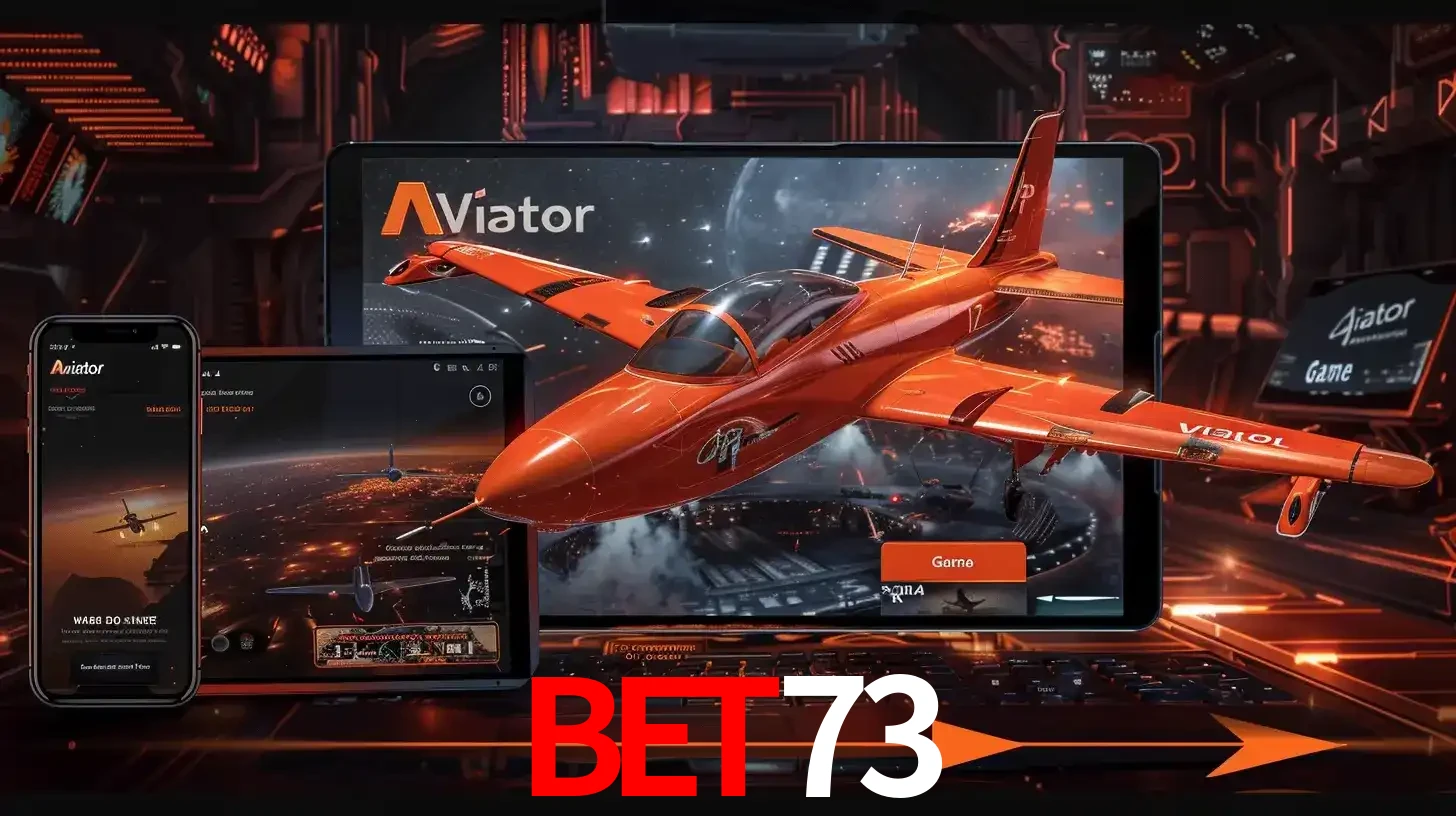 Apresentação tecnológica do jogo Aviator com um avião saindo da tela de um tablet, demonstrando a experiência imersiva em múltiplos dispositivos no BET73.