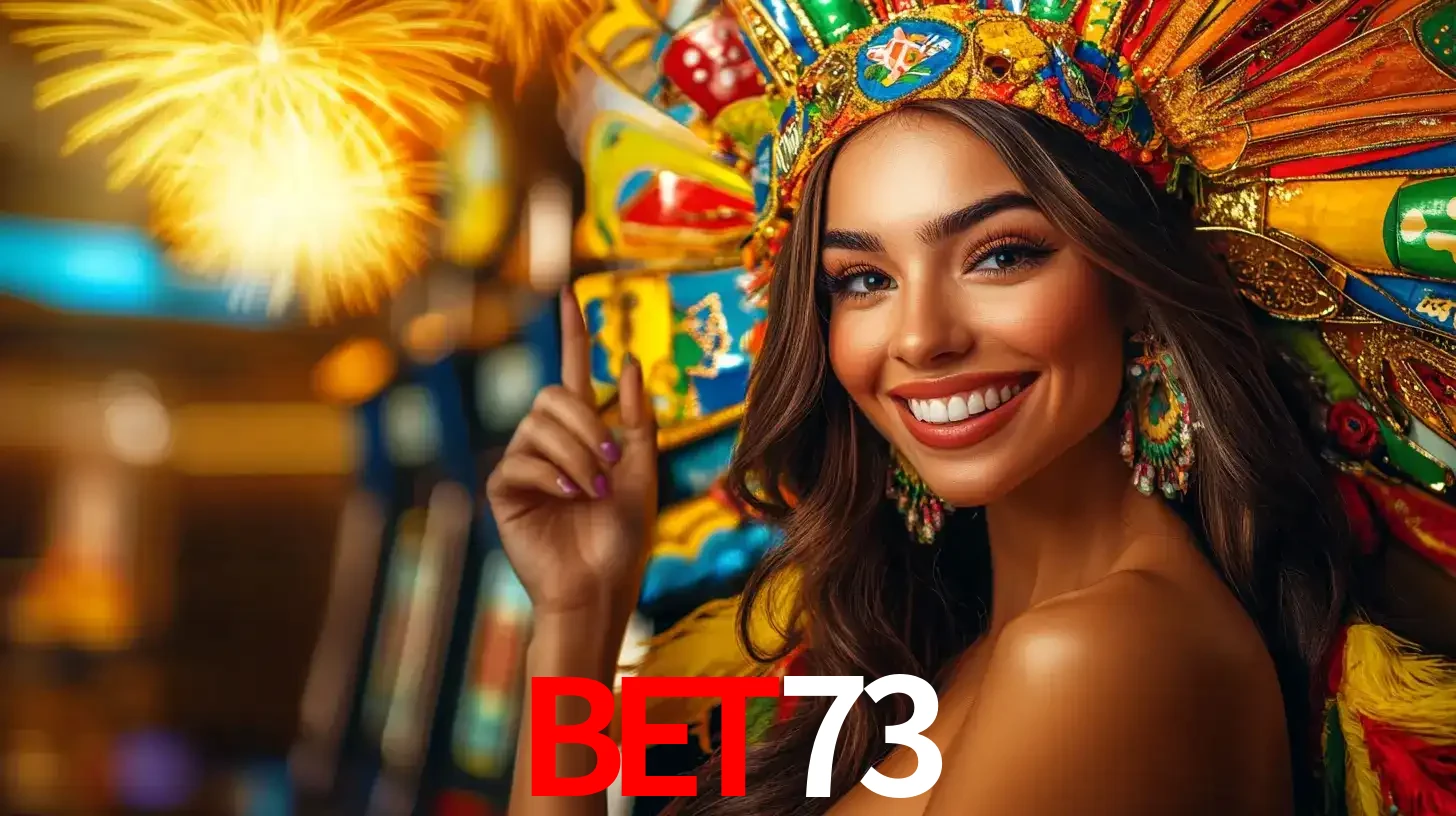 Mulher sorridente com um cocar de carnaval vibrante e colorido, celebrando uma grande vitória nos jogos do cassino BET73 com fogos de artifício ao fundo.