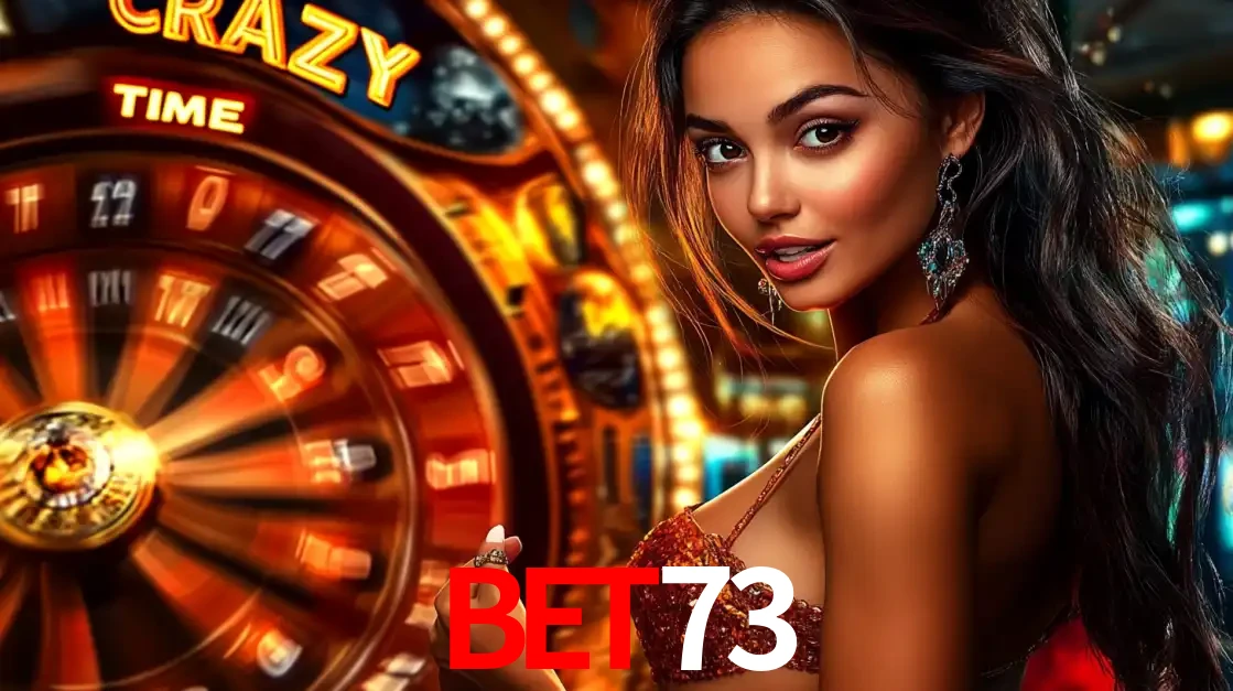 Mulher ao lado da roda de prêmios do jogo de cassino ao vivo Crazy Time, um dos shows de jogos mais emocionantes oferecidos pela plataforma de apostas BET73.