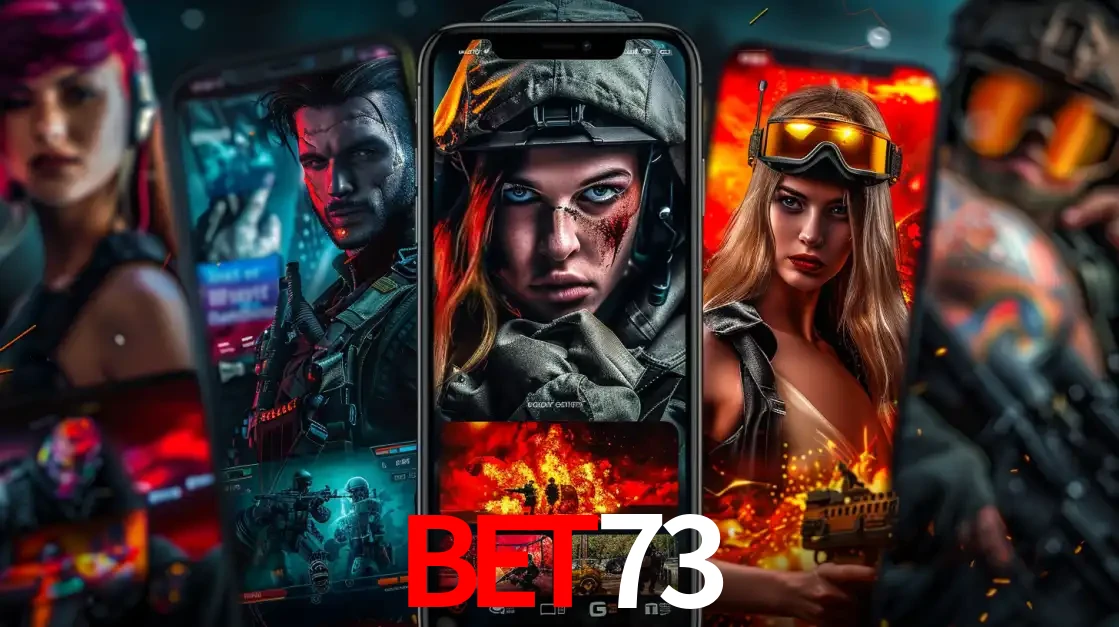 Montagem de telas de celular mostrando diversos personagens, masculinos e femininos, de um jogo de tiro, ilustrando a diversidade de equipes de e-sports para apostar no BET73.