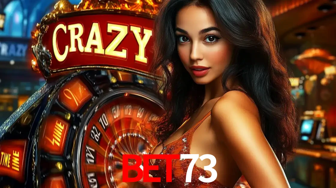 Mulher glamourosa olhando para a câmera com a roda vermelha do Crazy Time ao fundo em um ambiente de cassino, destacando a emoção dos jogos ao vivo no BET73.