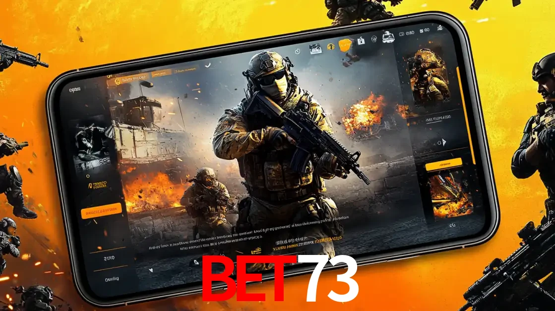 Um smartphone exibindo a interface de um jogo de tiro em primeira pessoa, com um soldado em um cenário de batalha, representando a ação dos e-sports para apostar no BET73.