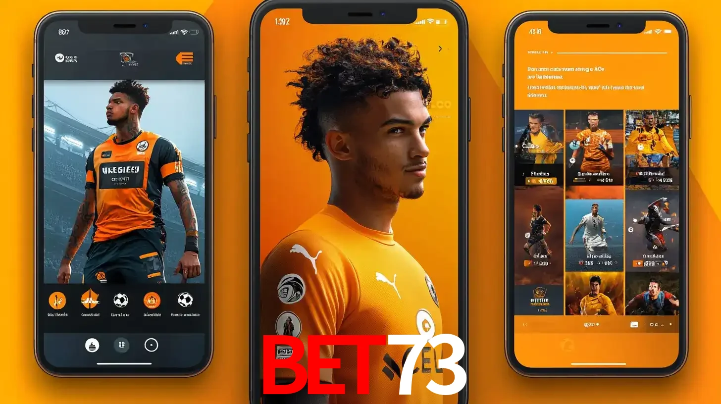 Interface do aplicativo de apostas esportivas BET73 em três telas de celular, mostrando o perfil de um jogador de futebol e a lista de jogos disponíveis para apostar.
