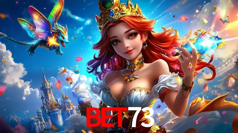 A princesa de um reino de fantasia mágico, com seu pequeno dragão, apresentando um mundo de prêmios encantados nos jogos de caça-níqueis do cassino BET73.