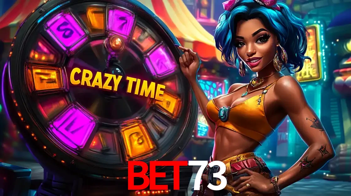 Mulher estilizada com cabelo azul e visual vibrante posando ao lado da roda de prêmios do game show Crazy Time, convidando para a diversão e os bônus do cassino BET73.