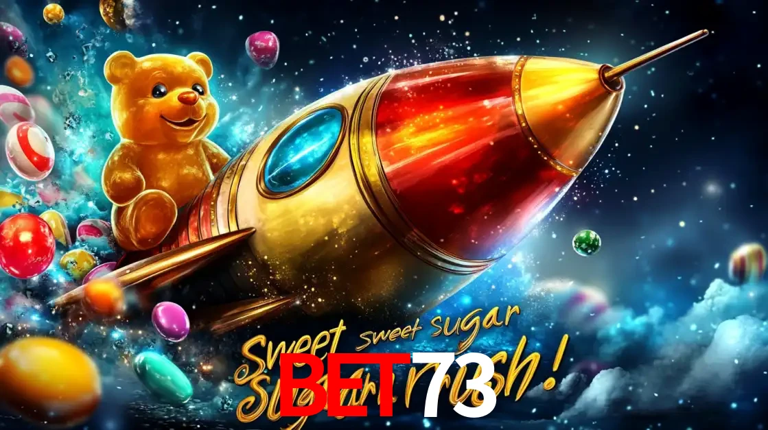 Arte promocional do jogo de slot Sugar Rush, com um urso de pelúcia em um foguete viajando pelo espaço de doces, um dos jogos divertidos disponíveis no cassino BET73.