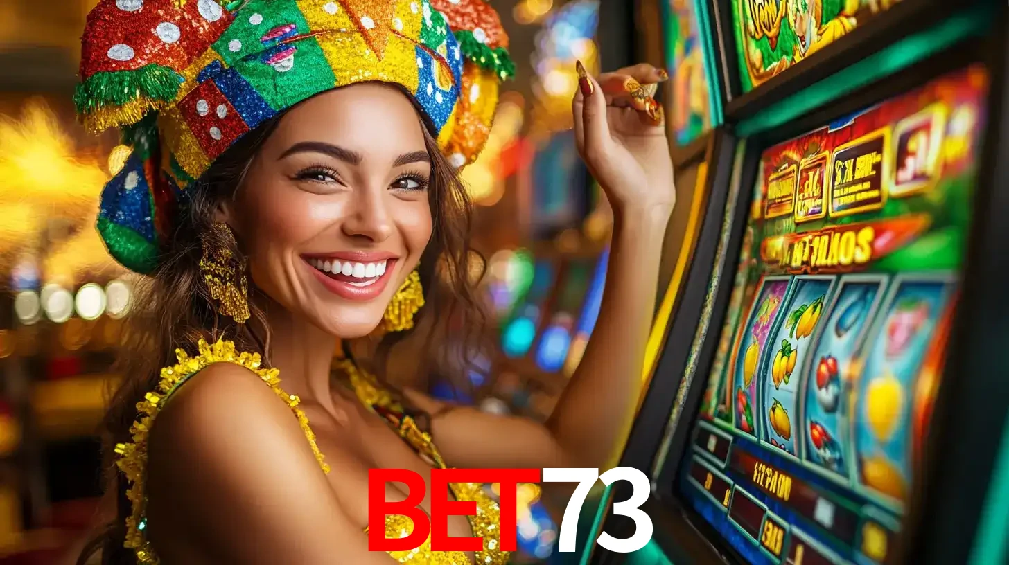 Mulher feliz com traje de carnaval amarelo e colorido ao lado de uma máquina de caça-níqueis, aproveitando a diversão e os jogos temáticos do cassino BET73.
