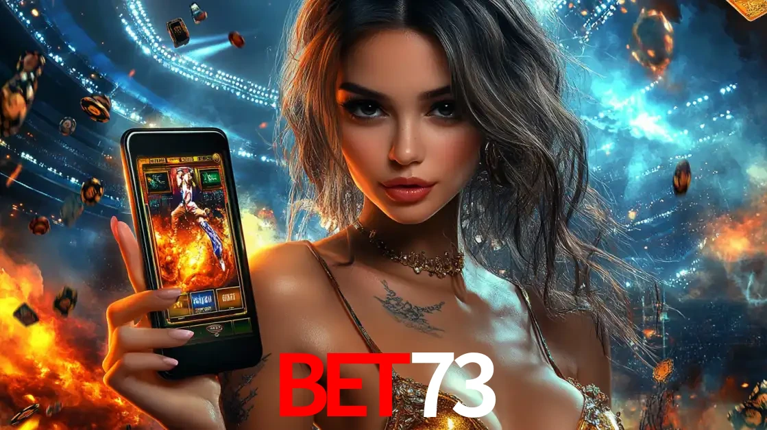 Mulher segurando um celular com um jogo de slot em destaque, tendo como fundo um estádio vibrante, simbolizando a emoção de jogar no cassino móvel BET73.
